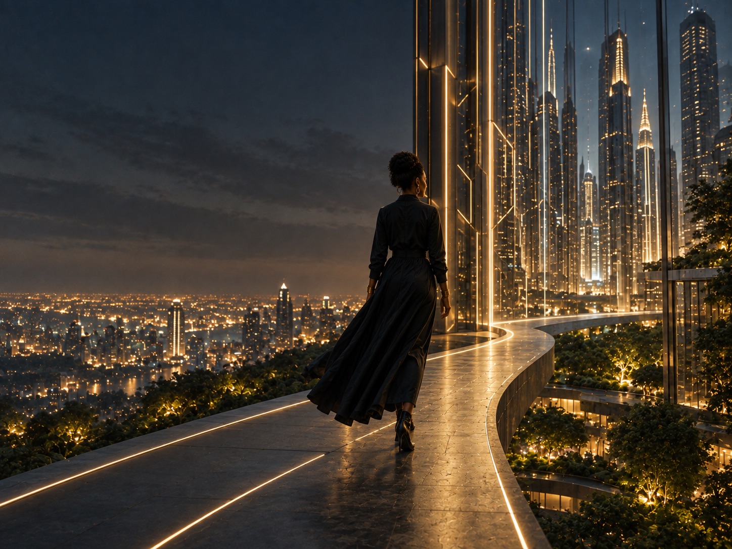 A woman walking along a lit skyway at dusk, between a city of lights and a towering glass skyline