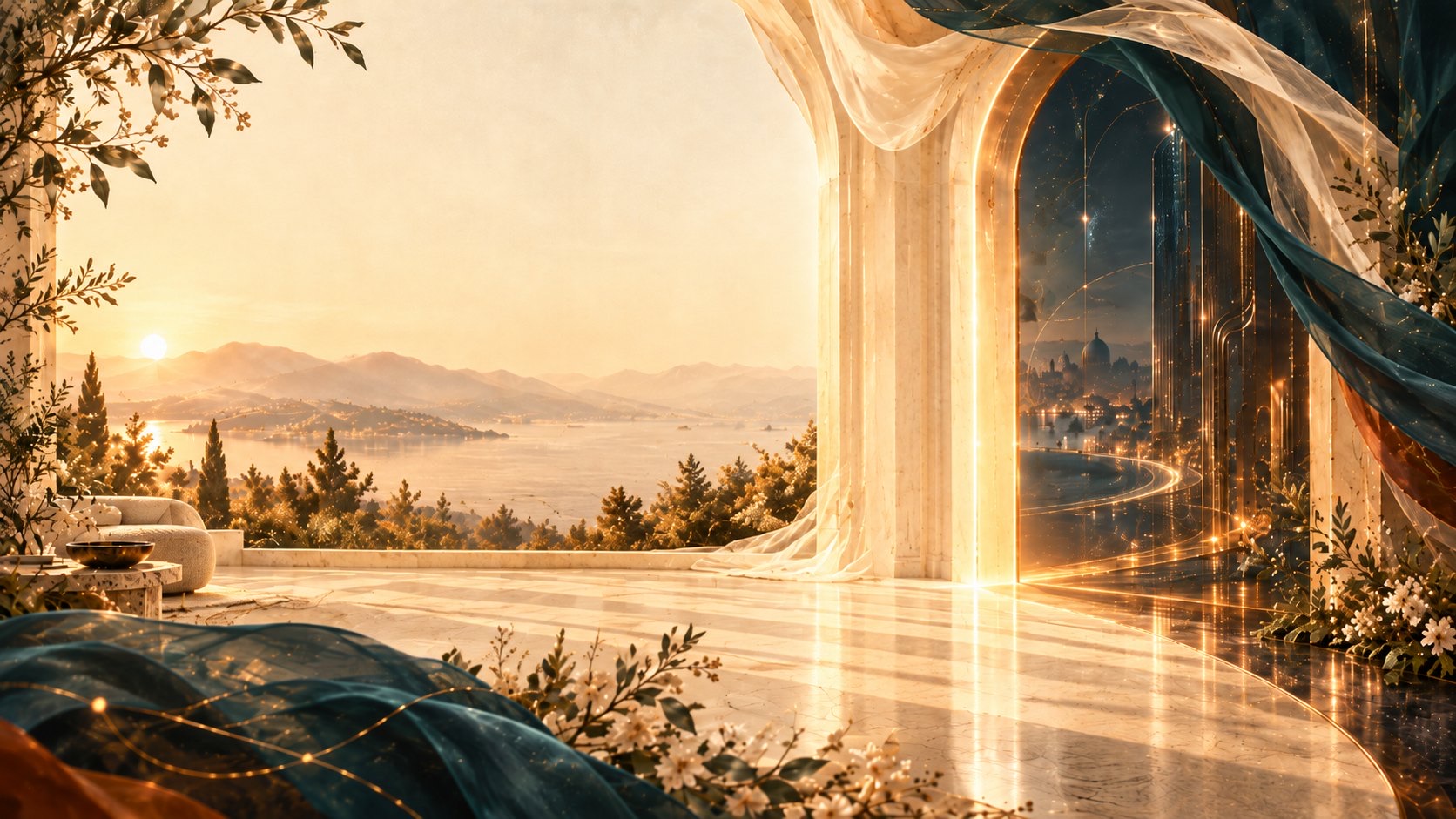 A marble terrace at sunrise opening onto a lake, with a glowing portal to a future city