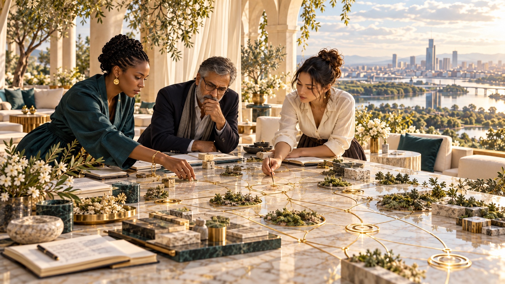 Three leaders working together over a marble light table mapping a landscape, with fine gold lines of intelligent systems running through it and a river and city skyline beyond