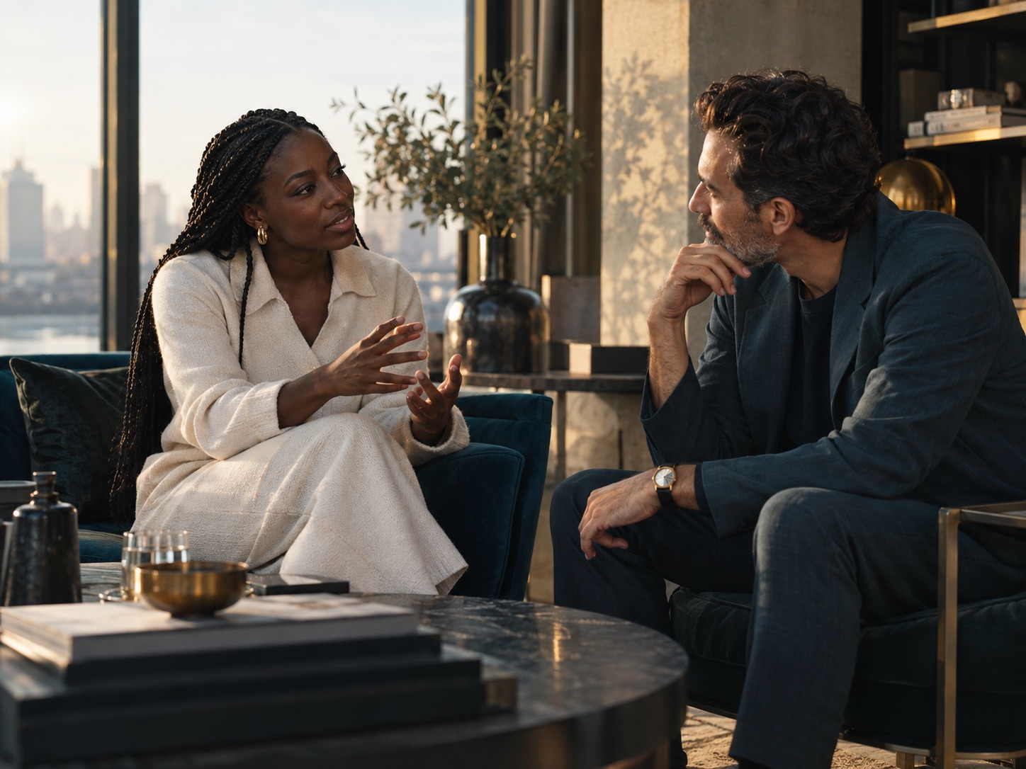 Two leaders in conversation in a lounge overlooking a city skyline
