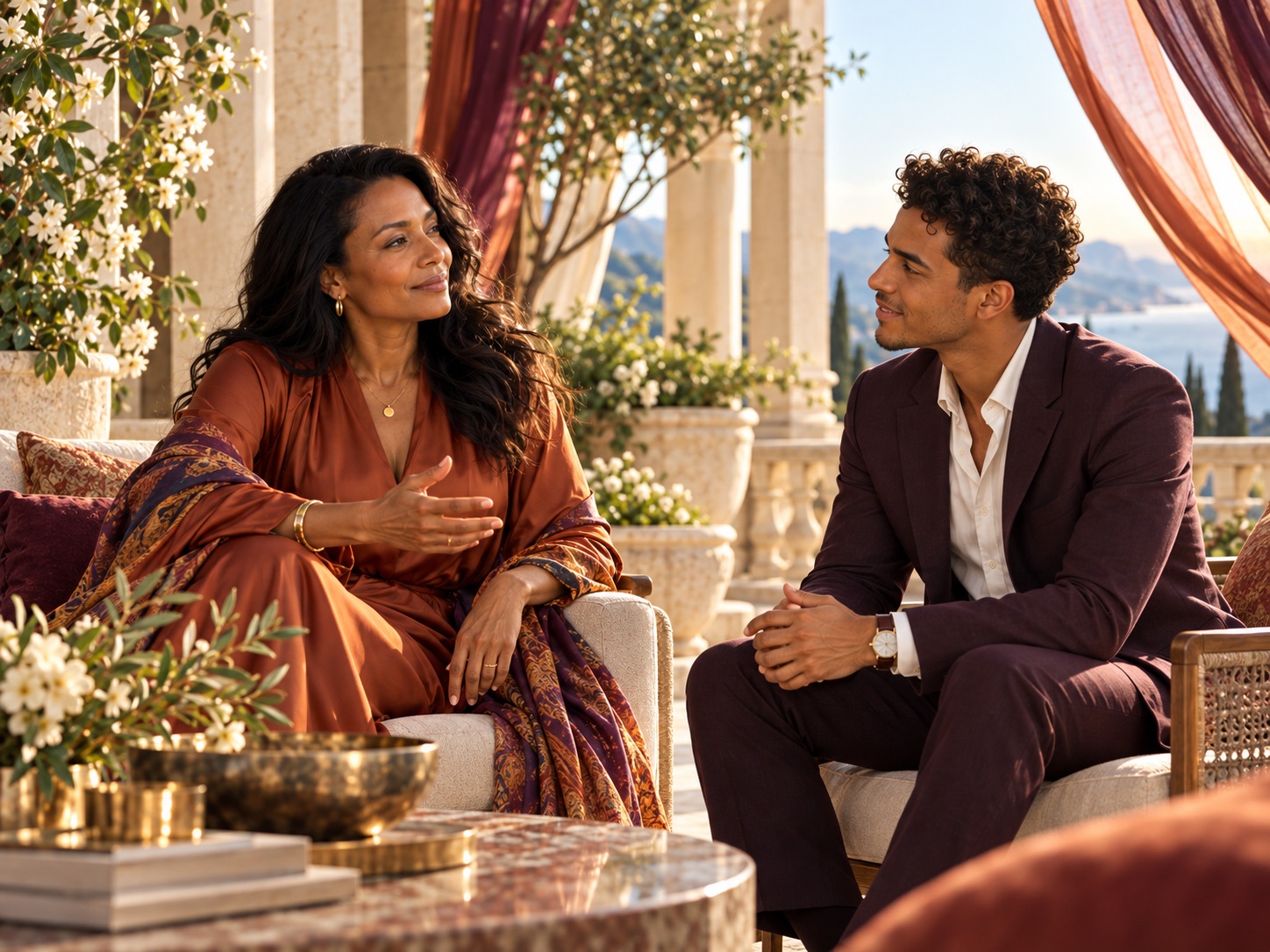 An older woman and a younger man in conversation on a sunlit terrace above the sea