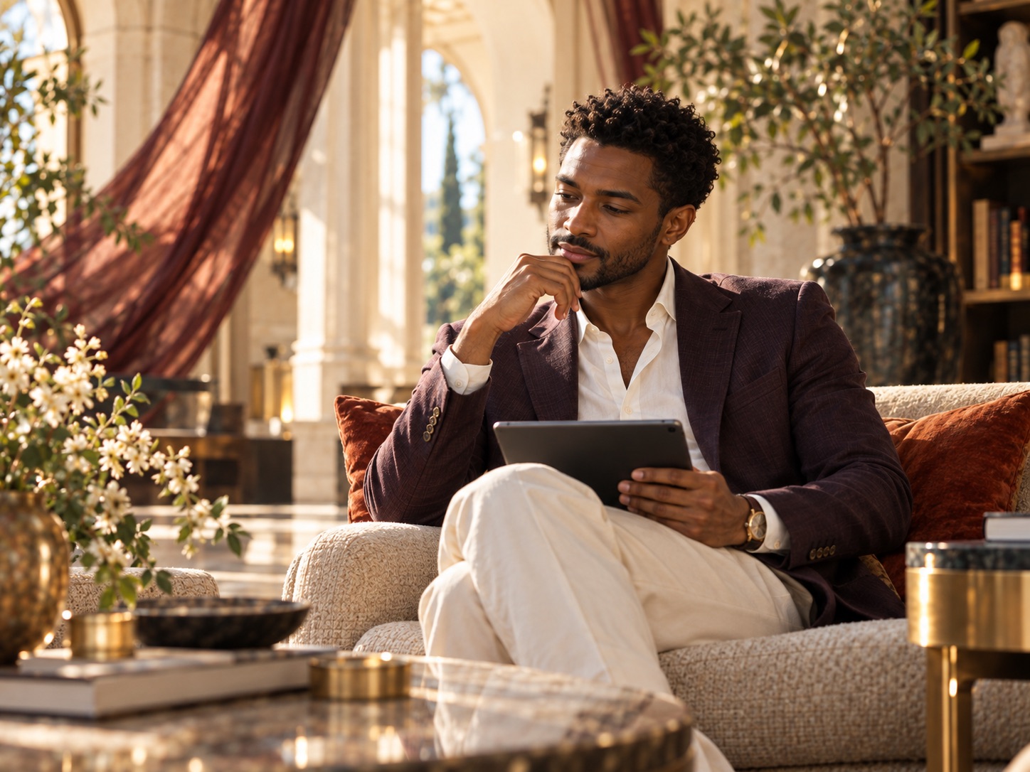 A leader seated in a sunlit hall, reflecting with a tablet in hand